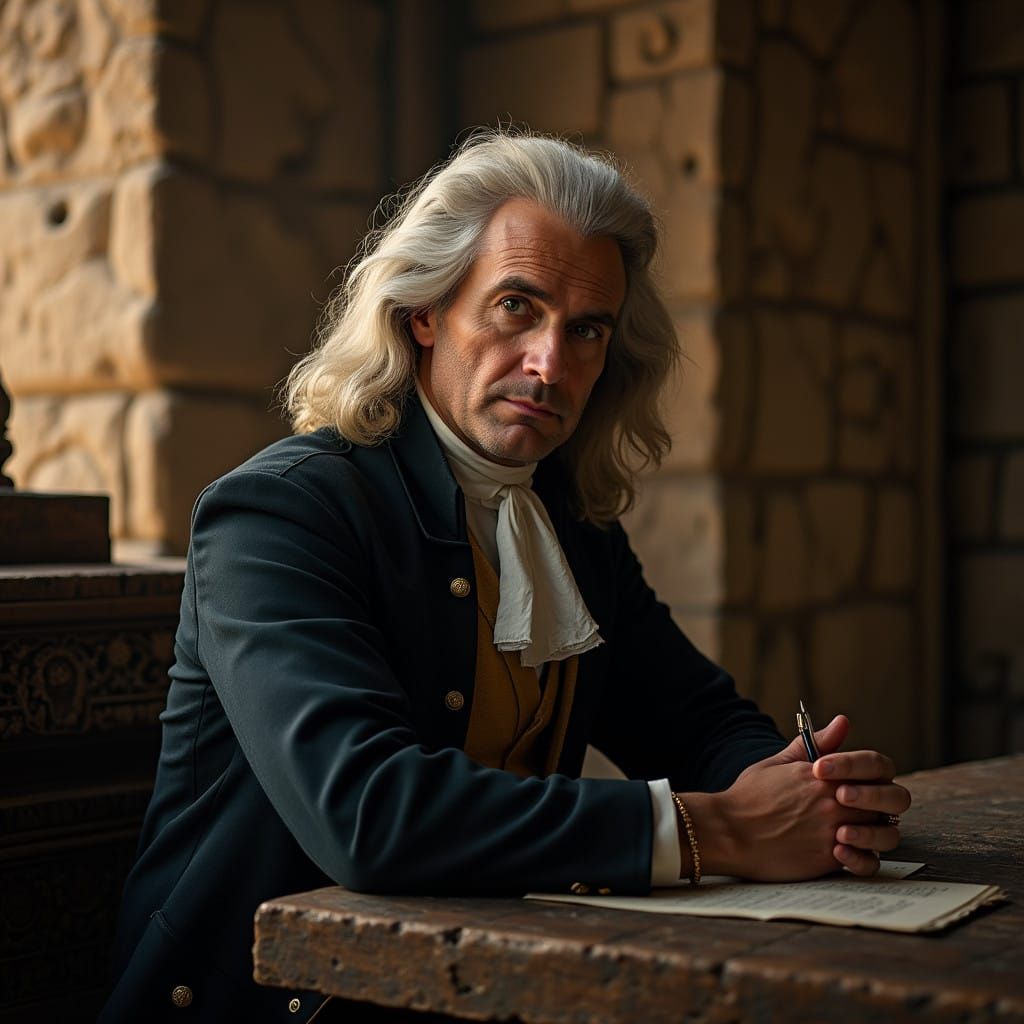 Sir Isaac Newton in Ancient Temple Contemplation