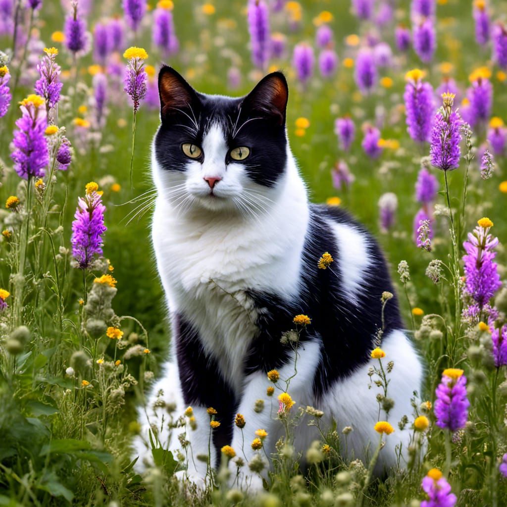 Majestic Spotted Cat in Wildflowers: Dreamlike Rendering