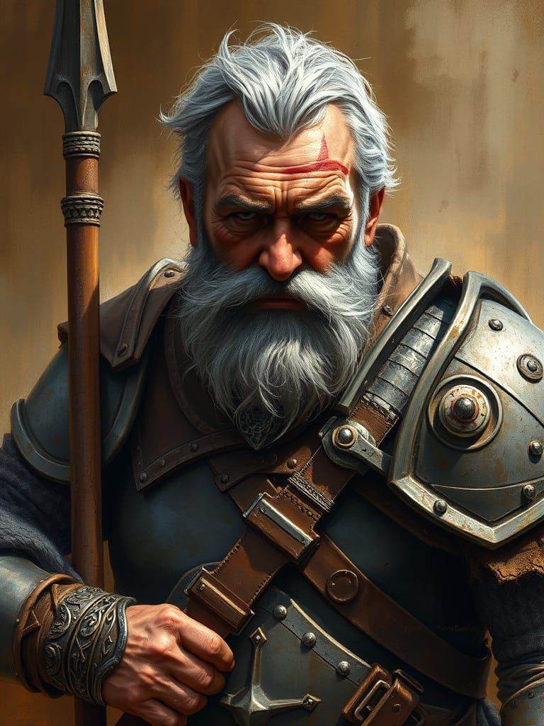 Heroic Old Mercenary in Battle-Worn Armor