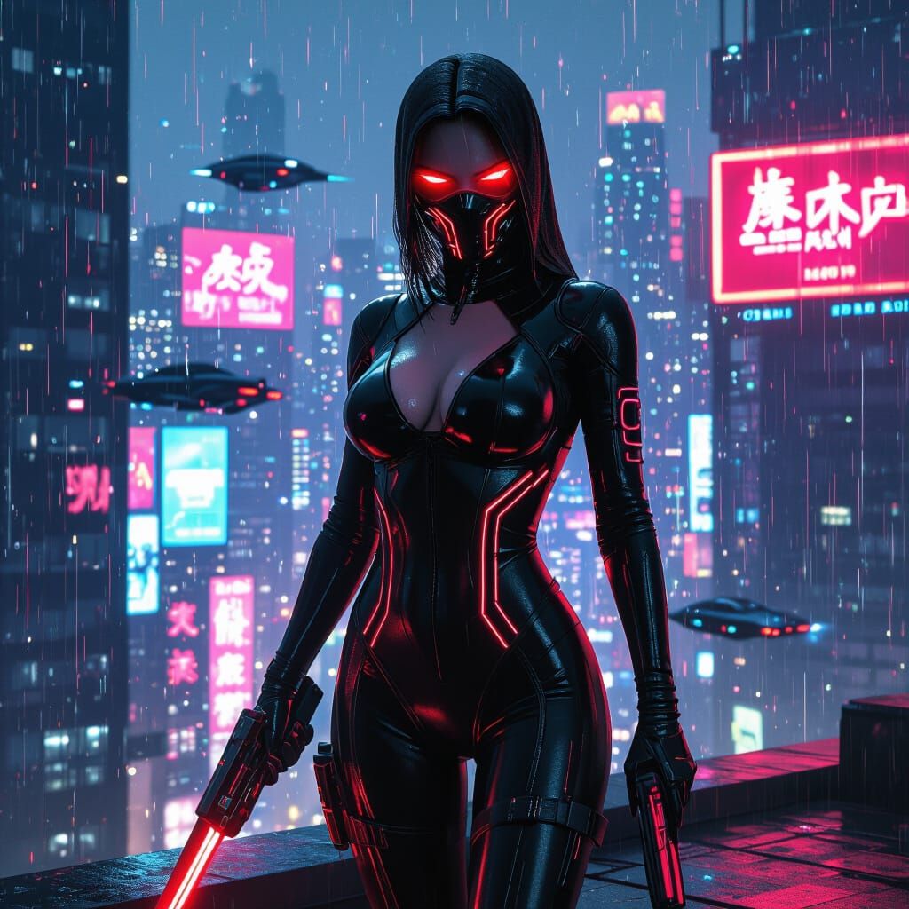 Cyberpunk Assassin in Neon Cityscape