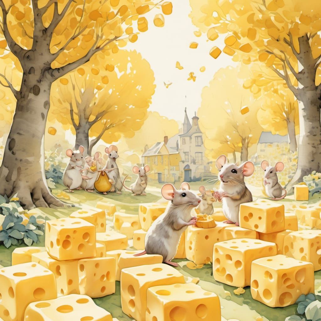 Whimsical Watercolor Park Scene with Mice and Cheese