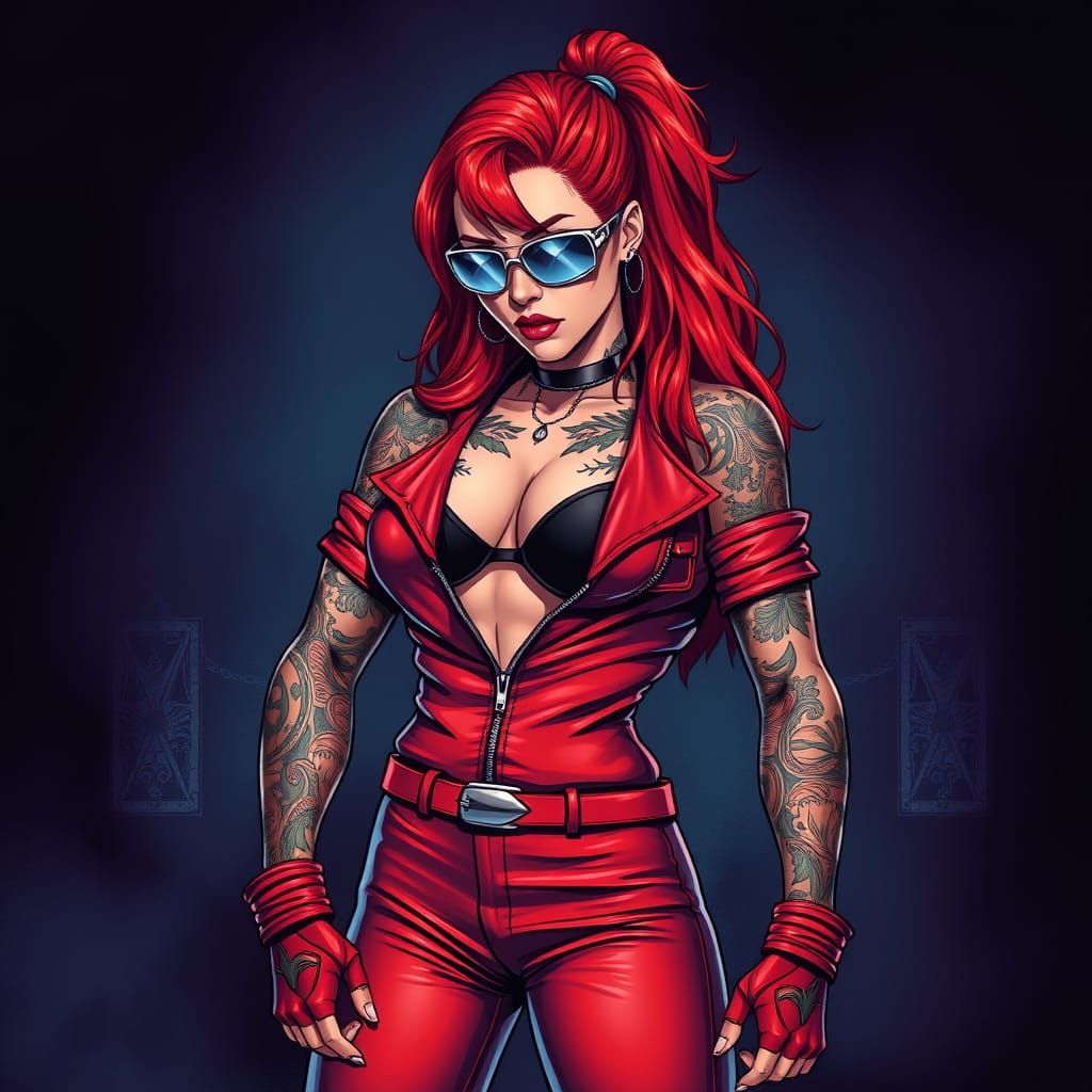 Fierce Futuristic Female Wrestler in Dark Neon Lit Style