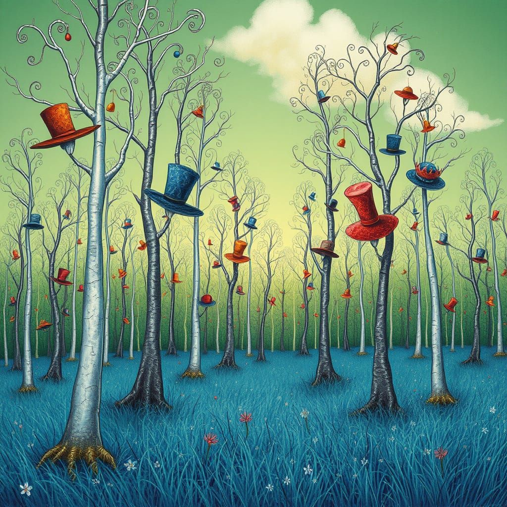 Whimsical Forest of Hats in a Dreamlike Landscape