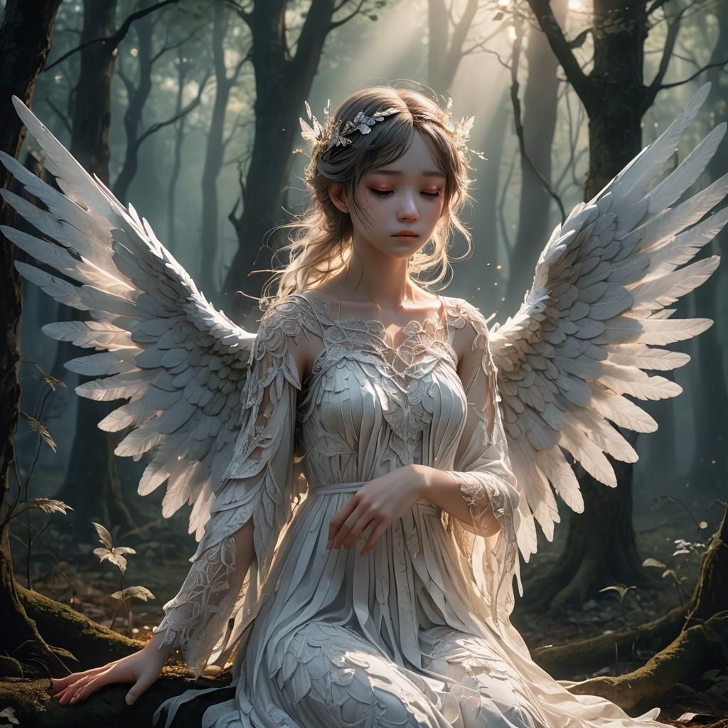 Crying Angel in Forest: 3D Anime Art