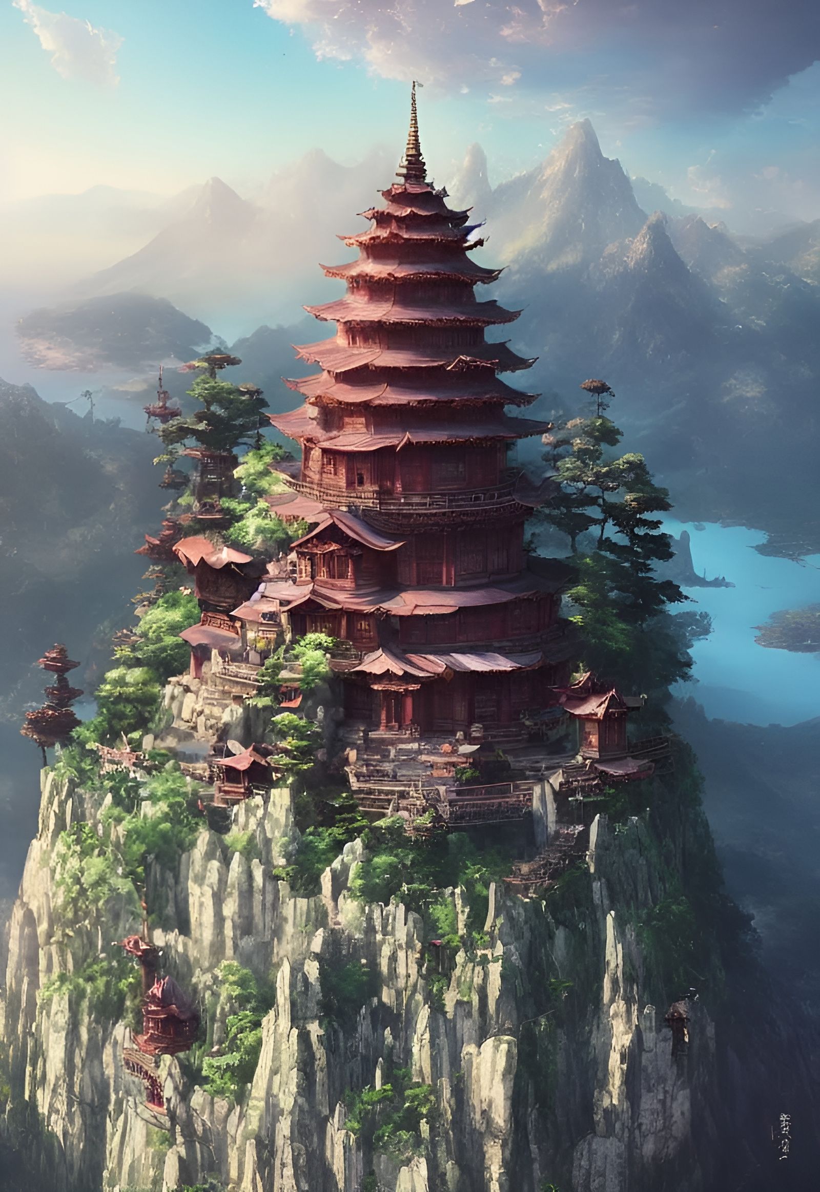 Mountain Temple by Lake: Digital Illustration