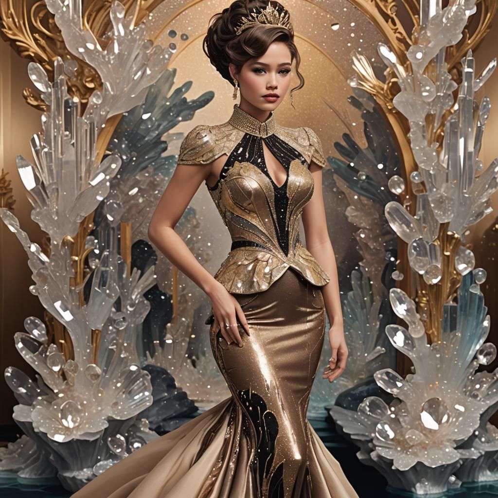 Woman in Crystal Stalactite Dress in Ballroom
