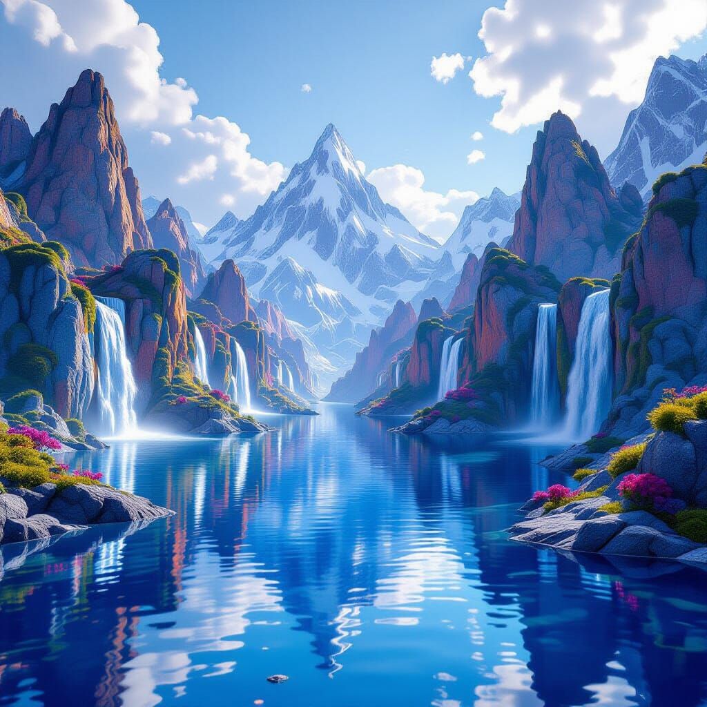 Surreal Mirrored Landscape with Waterfalls, Matte Painting