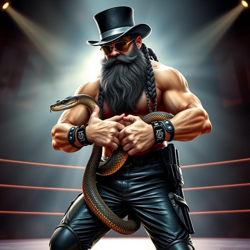 Handsome really long black and grey bearded man in a top hat...