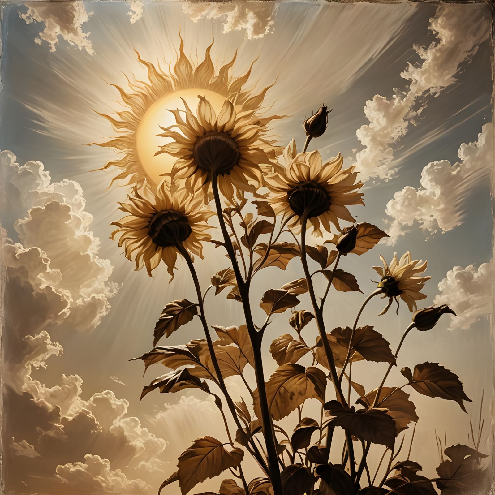 Victorian Sunflowers in Surrealist Impasto Style
