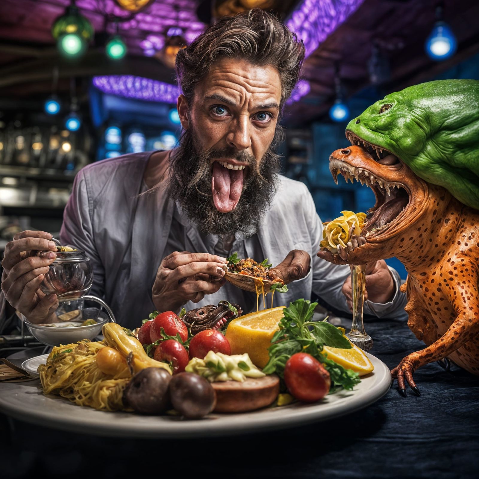 Colorful Hybrid Man Feasting in Surreal Bistro