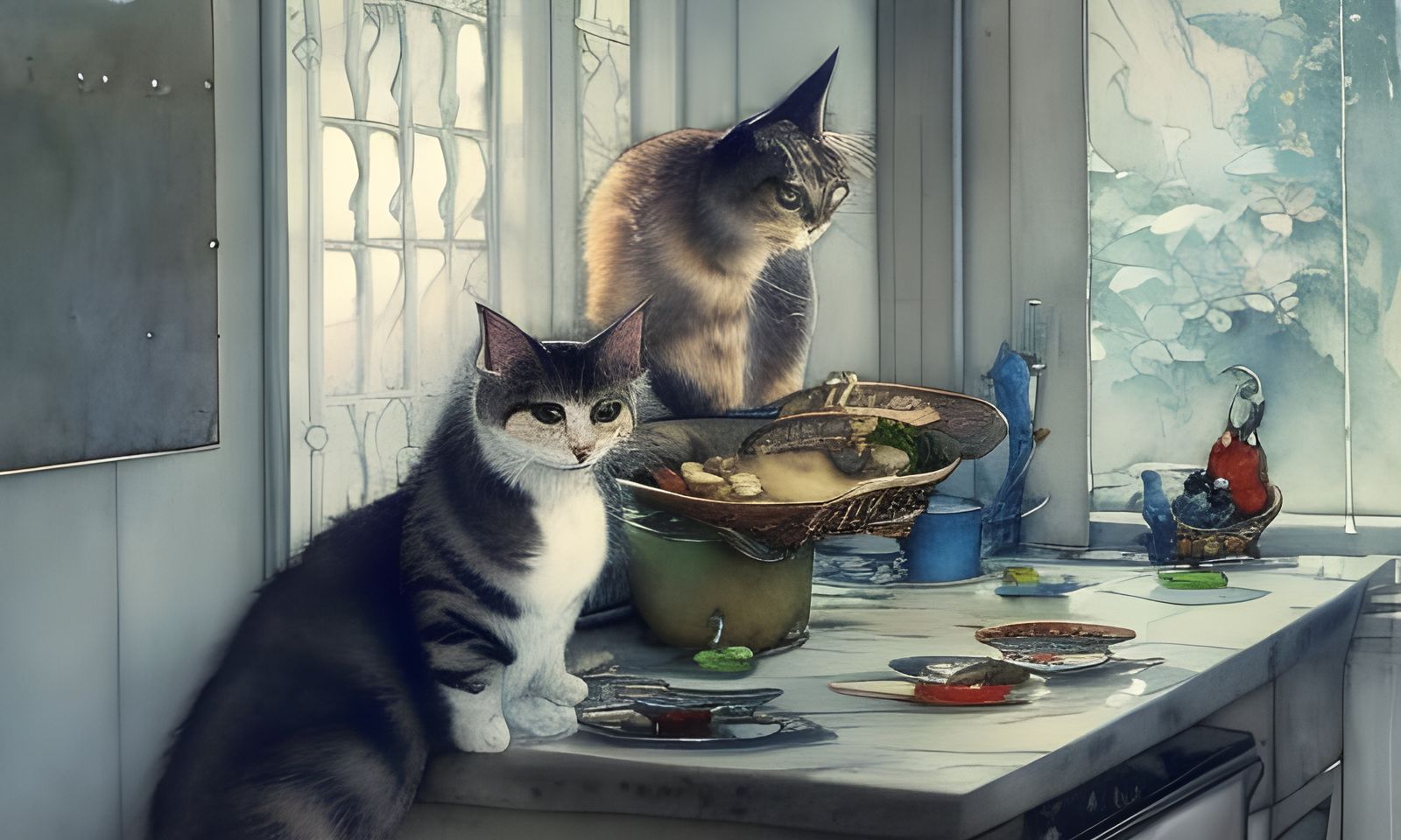 Cats Cause Kitchen Chaos: Watercolor Digital Art