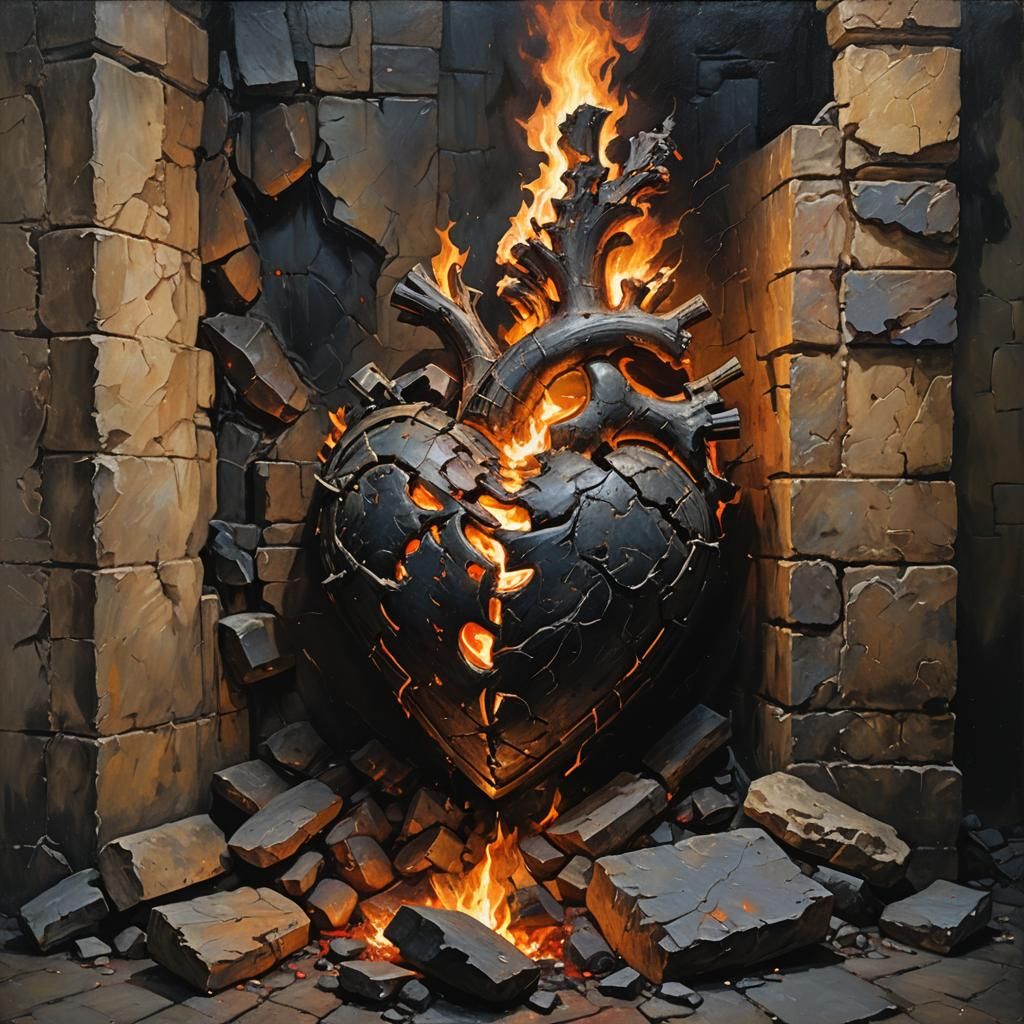 Tormented Heart in Flames: An Impressionist Oil Painting