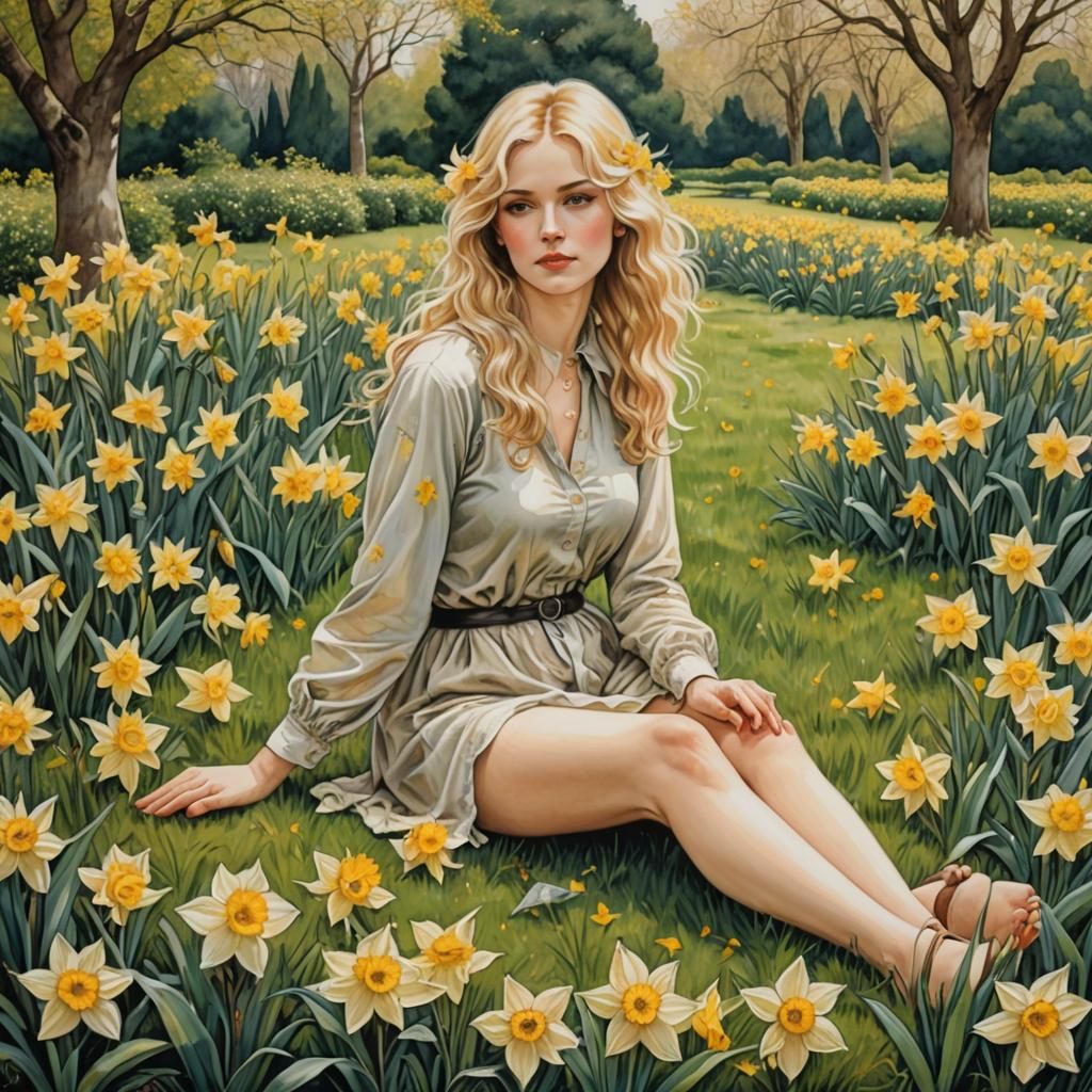Daffodil Woman in Garden, Sensual Portrait