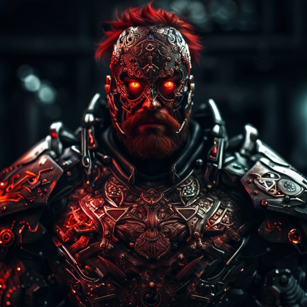 Hyperrealistic Cyborg with Nordic Armor and Red Eye