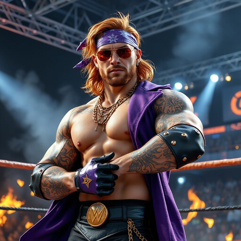 Cyberpunk Wrestler in Flame-Lit Arena