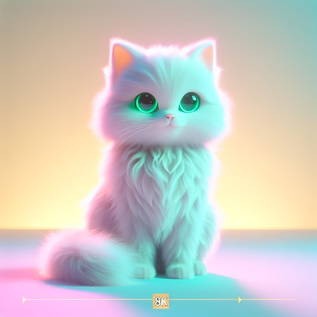 Pixar-Inspired Fluffy White Cat with Glowing Green Eyes