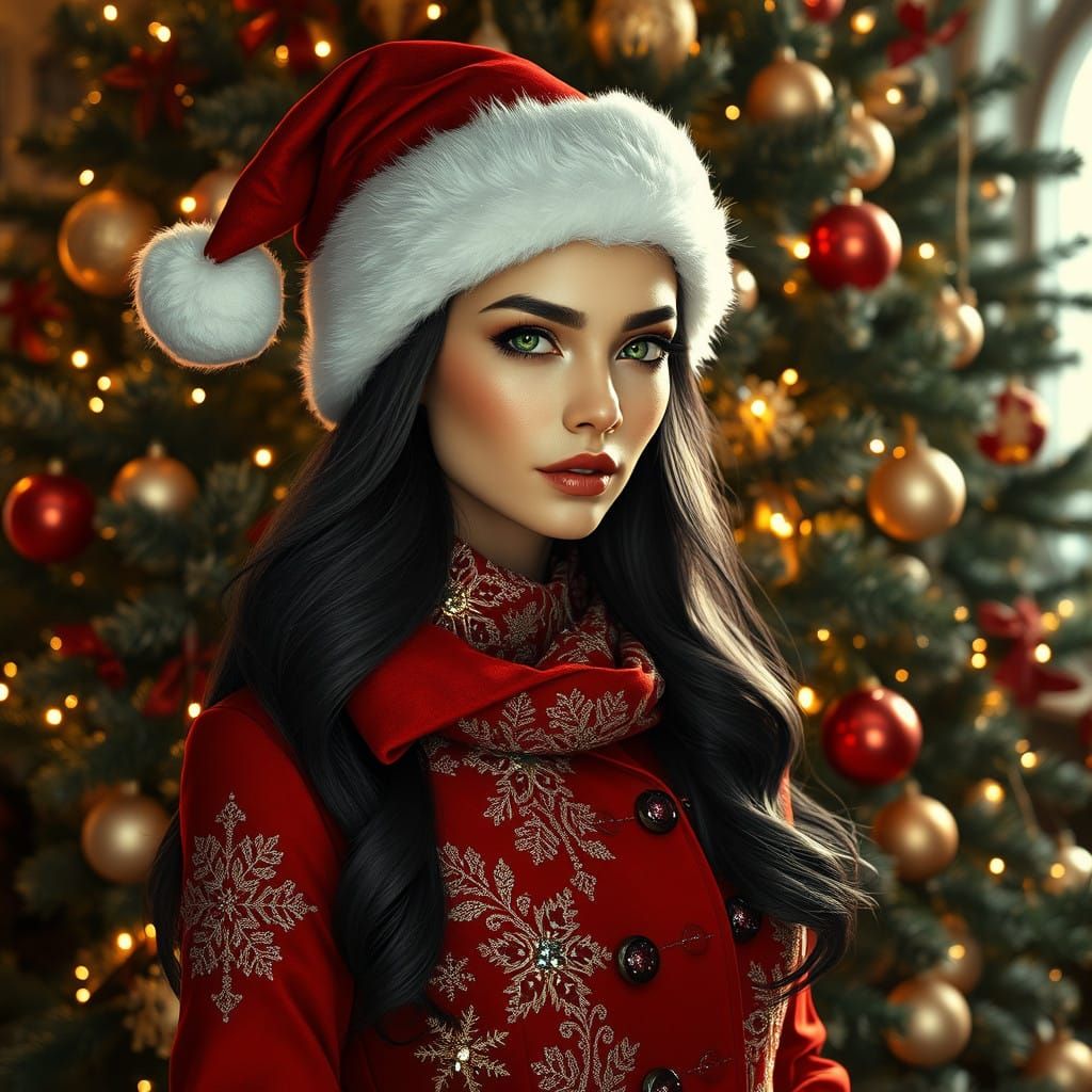 Elegant Woman in Crimson Santa Hat, Christmas Tree Scene, Hy...