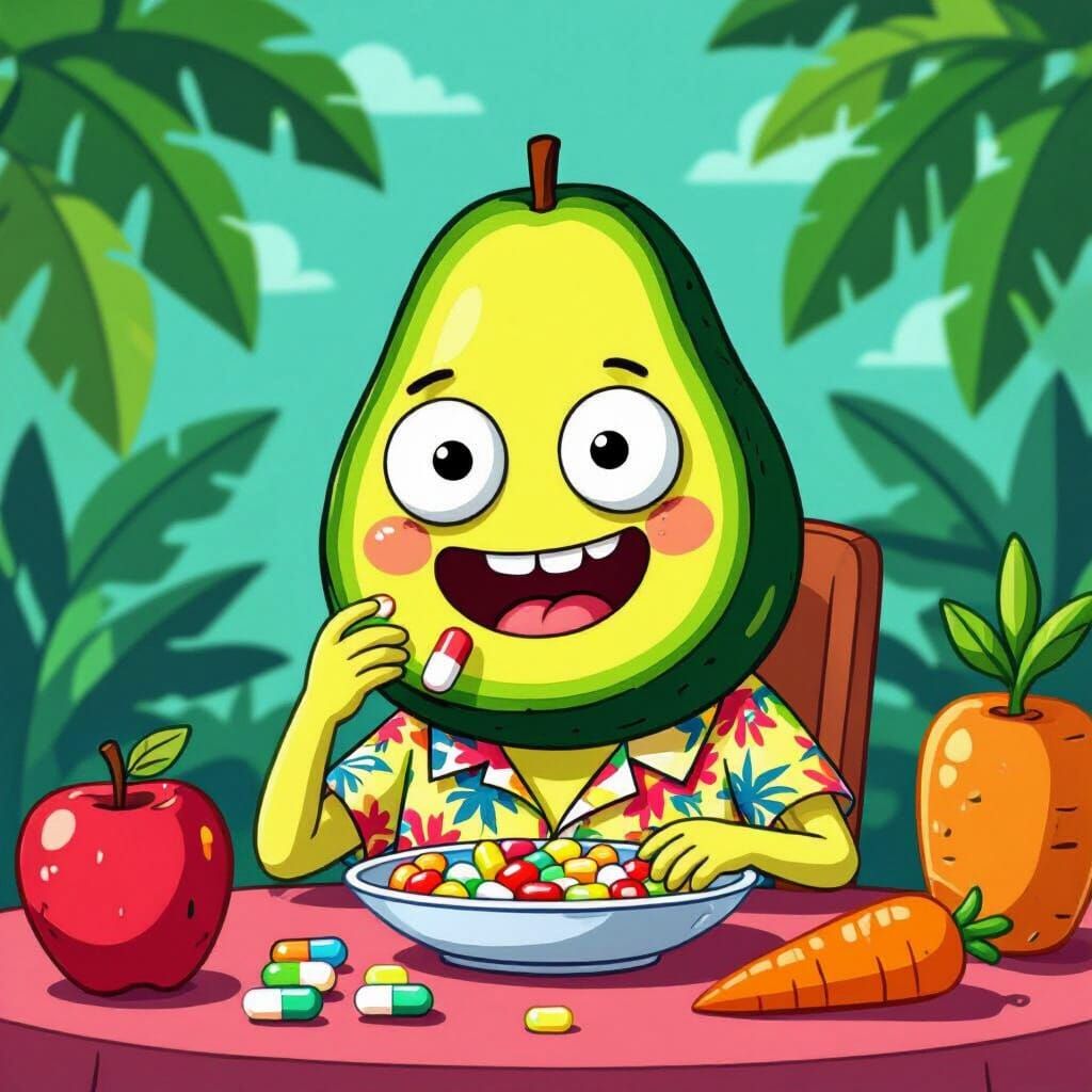 Whimsical Avocado Character Eating Vitamins in Cartoon Style