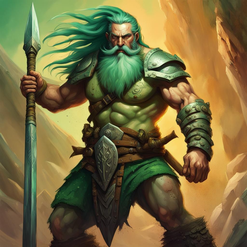Green-Haired Barbarian Warrior with Spear: Hyperrealistic Ar...