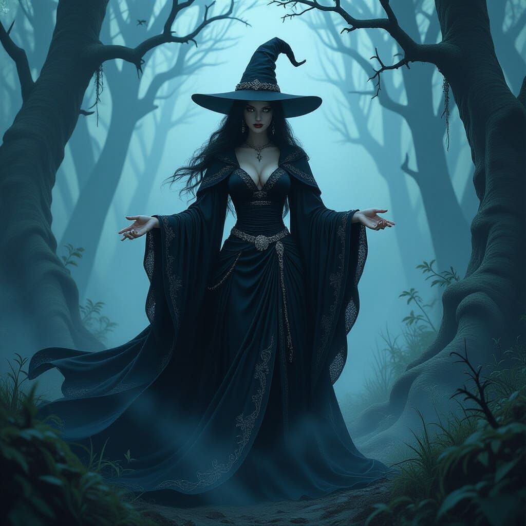 Mysterious Witch in Ethereal Forest, Dark Fantasy Style