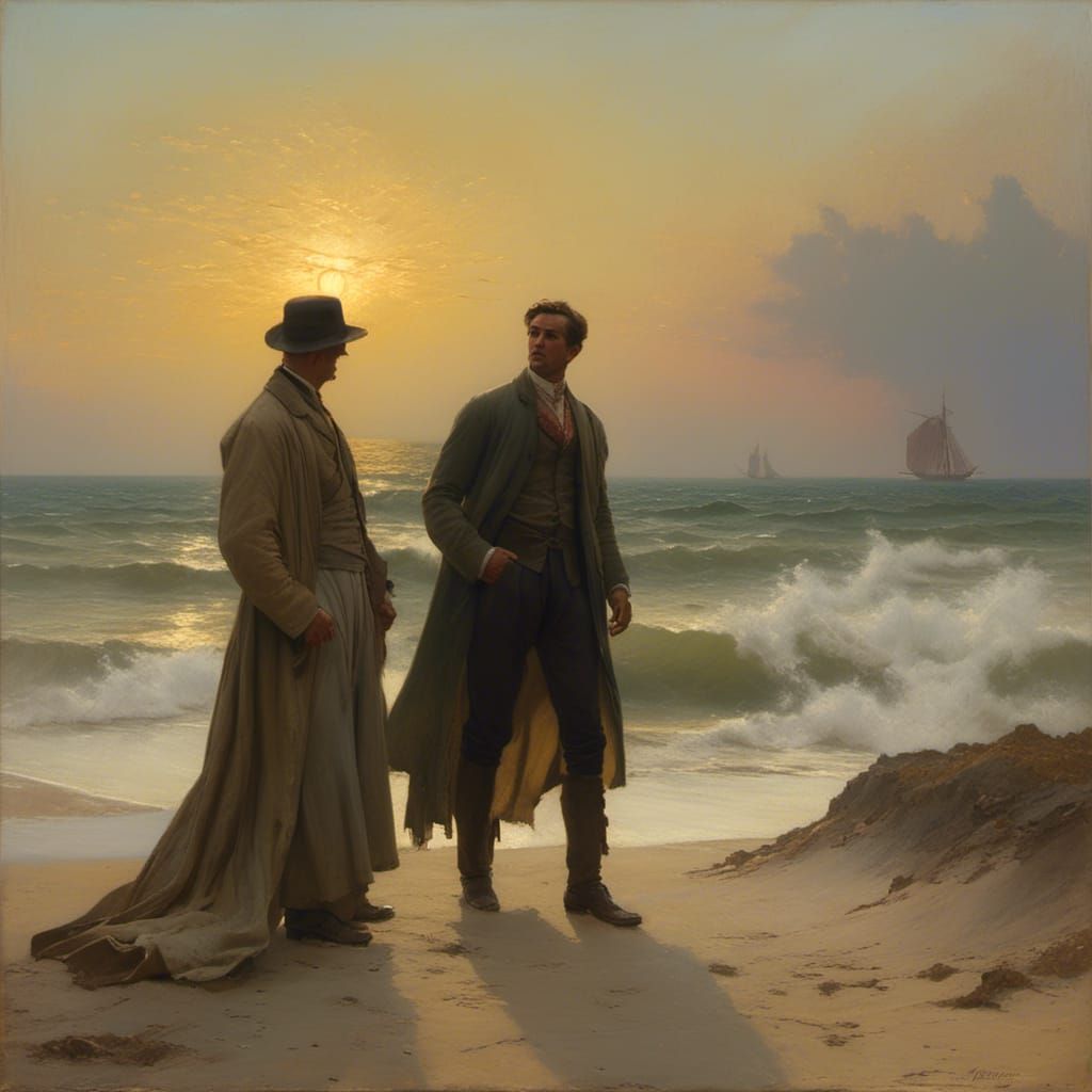 Men on Beach at Sunset in Graphite Style