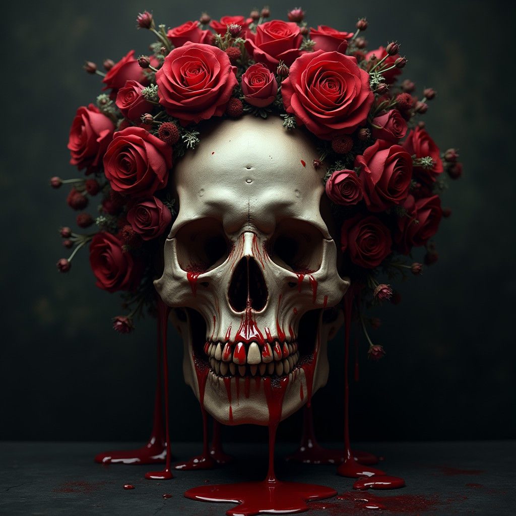 Macabre Skull with Dark Red Roses