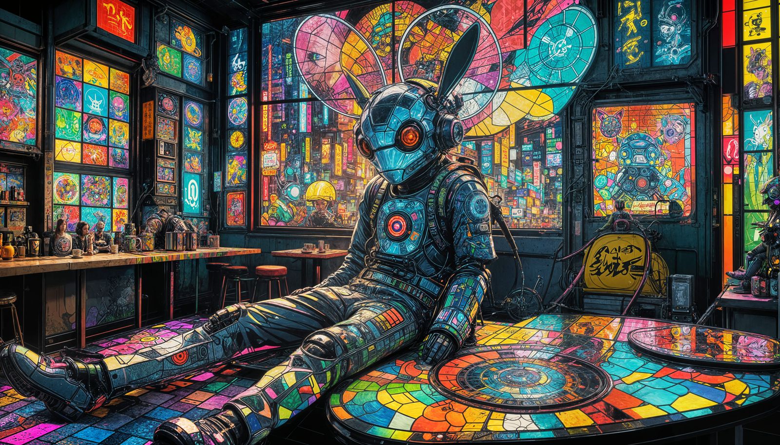 Neon-Saturated Cyberpunk Cafe in Neo-Tokyo: Pop Art Stained ...