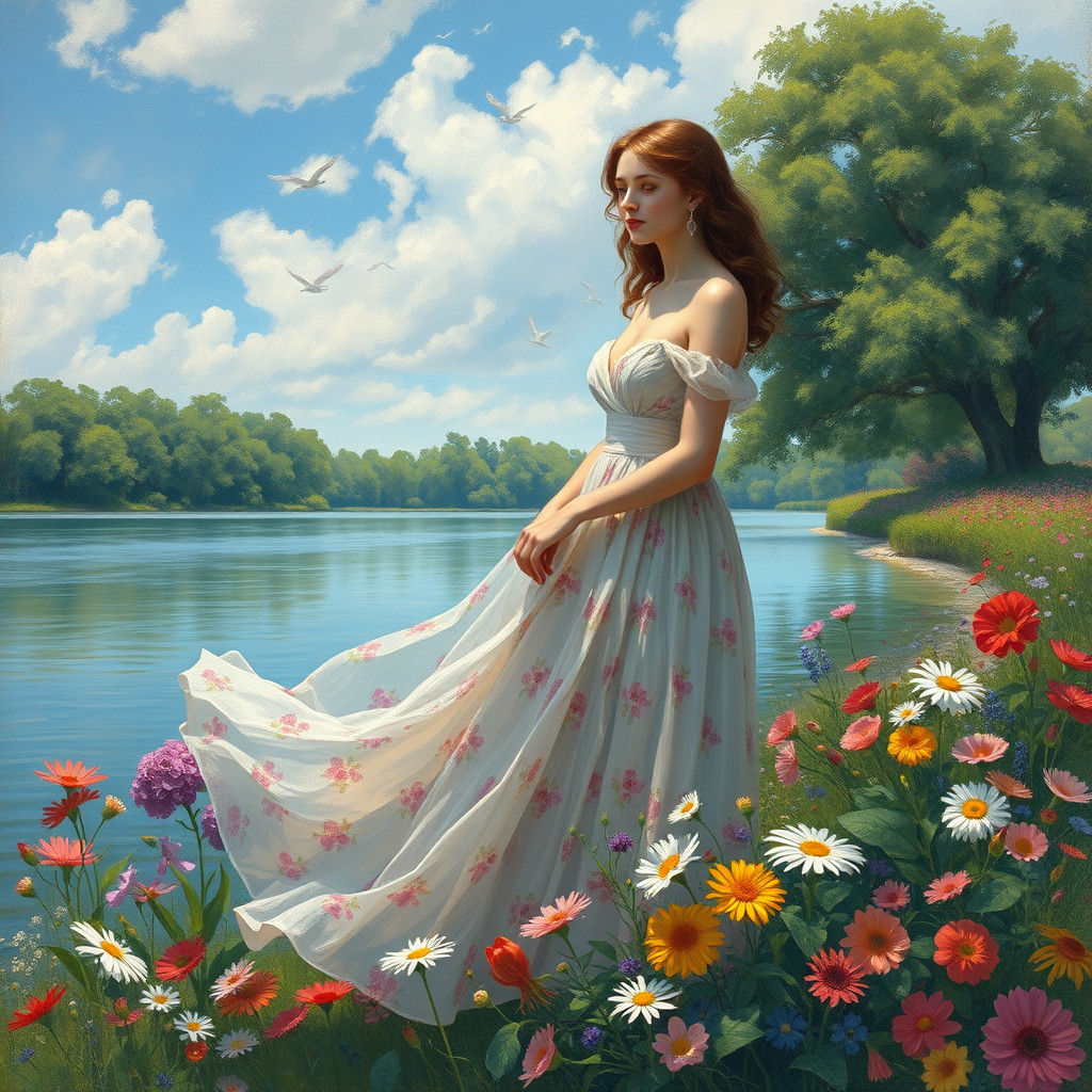 Floral Lady by Lake: An Impressionistic Painting