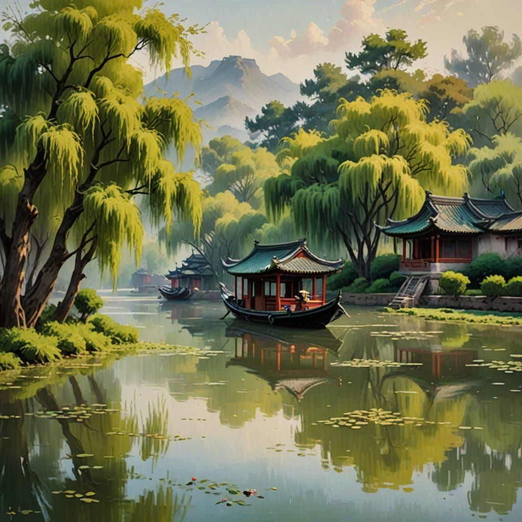 Impressionist Oil Painting of Sampans on a Chinese River
