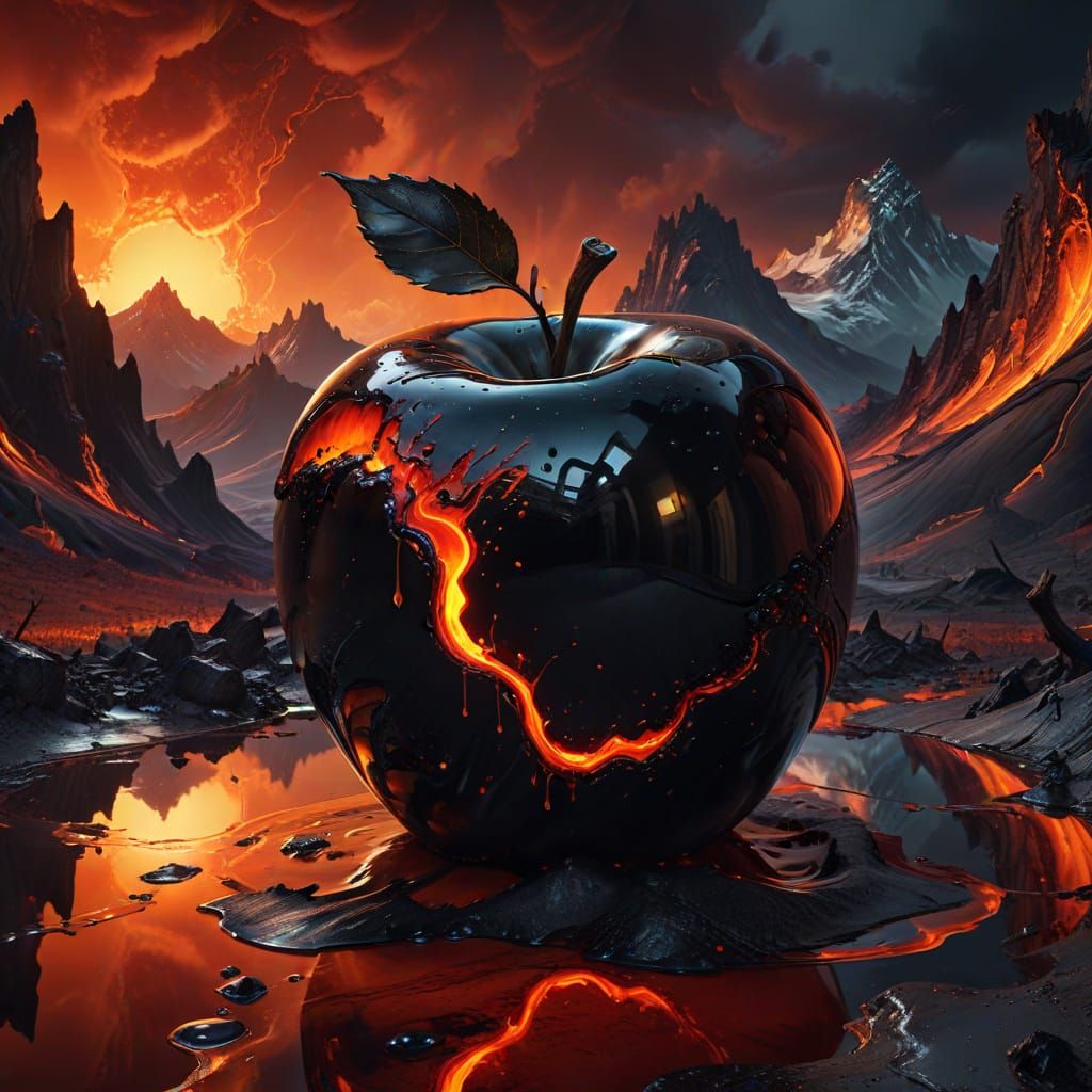 Surreal Black Apple on Human Body in Volcanic Landscape