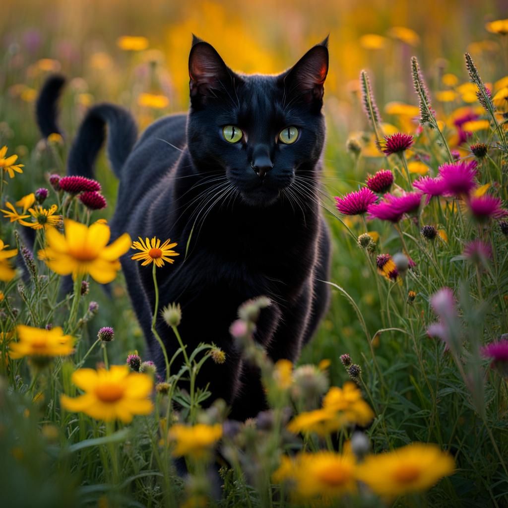 Black Cat Runs Wildflower Field at Sunrise