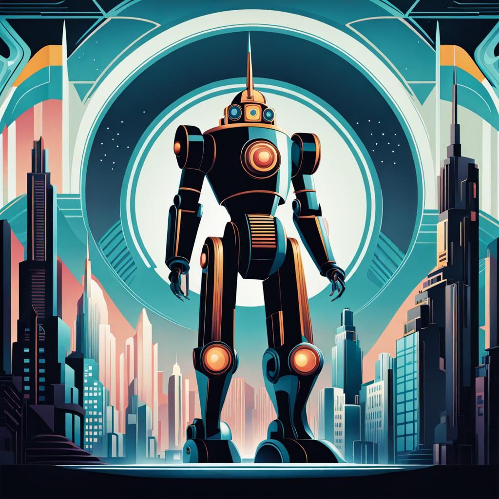 Art Deco Robot in Retrowave Cityscape