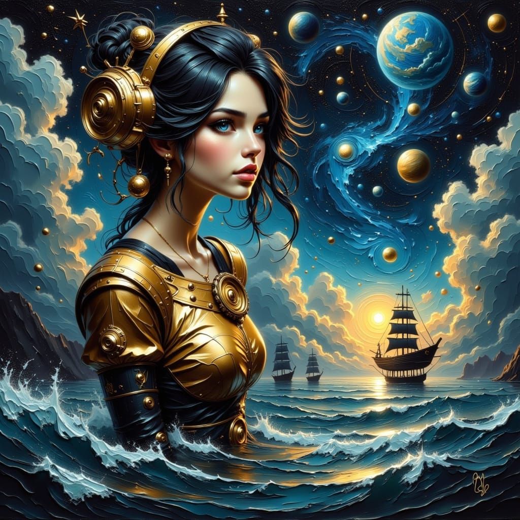 Steampunk Airship Amidst Cosmic Storm Oil Painting