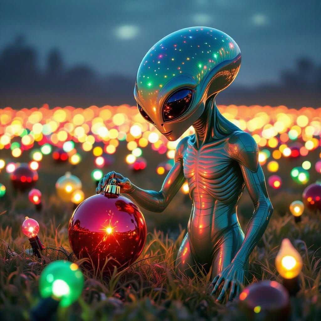 Bizarre Alien Among Glowing Christmas Bulbs in Surreal Style