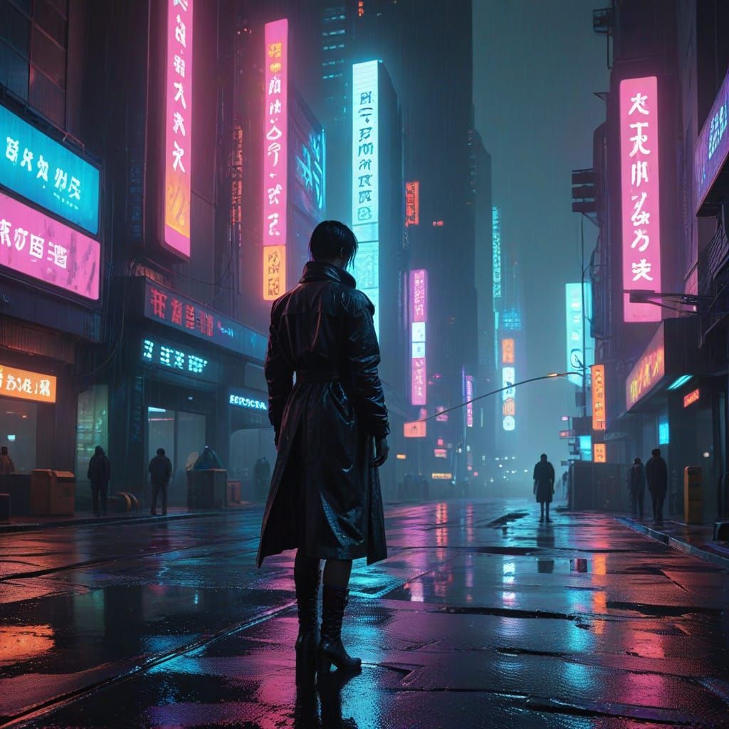 Cyberpunk Cityscape with Neon Lights and Lone Figure