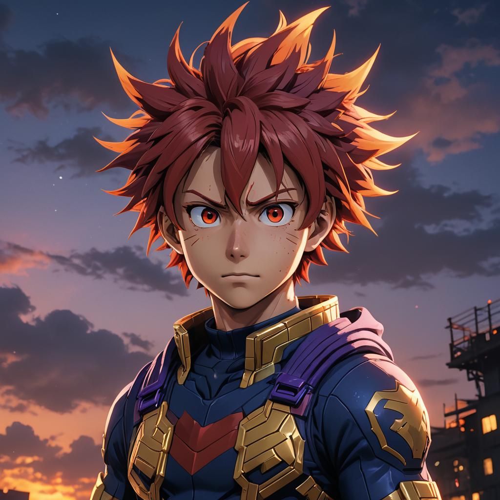 Kirishima Portrait: Fiery Hero in Golden Hour Light