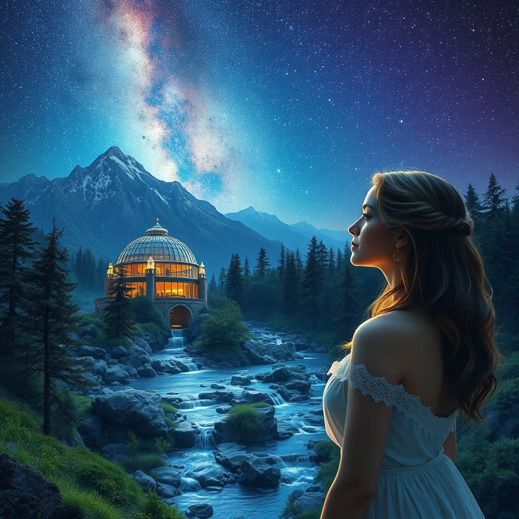 Woman by Glass Dome House Under Starry Sky