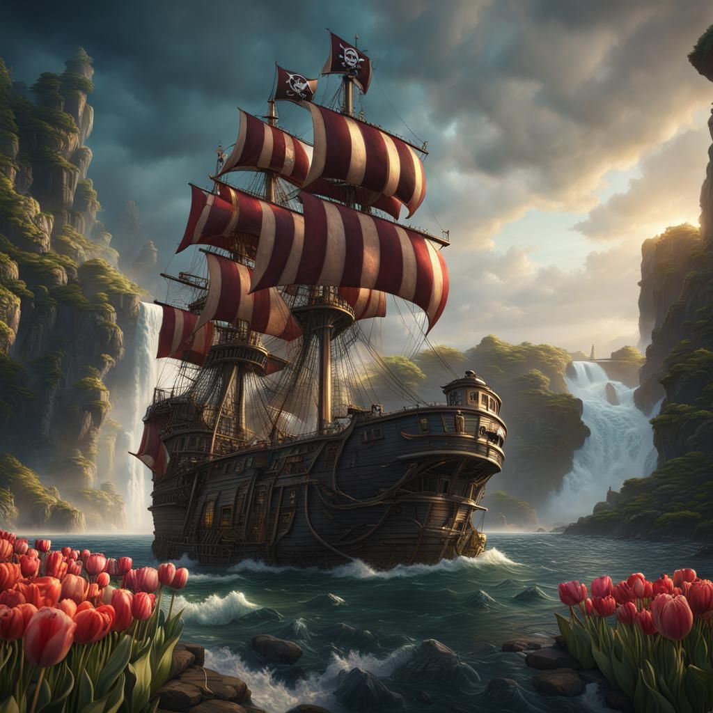 Fantastical Pirate Ship and Cats with Tulips: Detailed Matte...