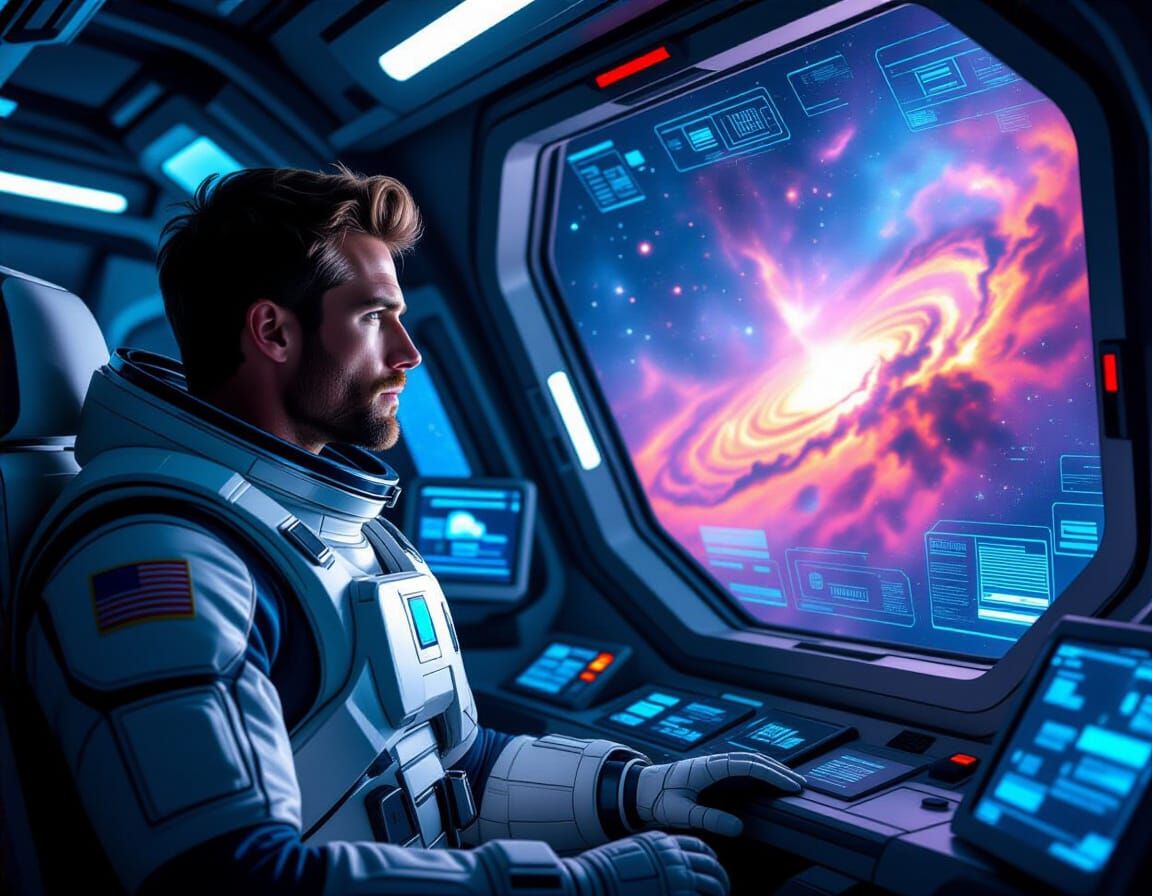 Astronaut Gazes at Vibrant Nebula Inside Futuristic Spaceshi...