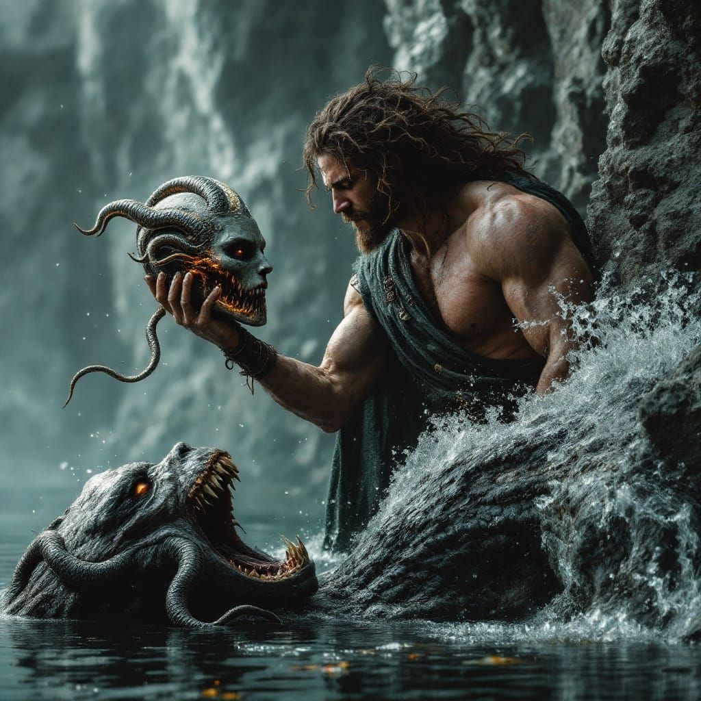 Dark Fantasy Warrior Confronts Mythical Sea Monster