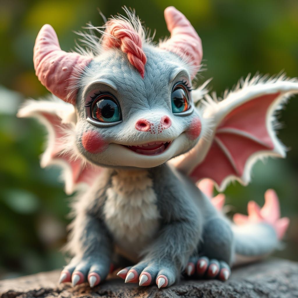 Adorable Baby Dragon Furry with Wings and Smile