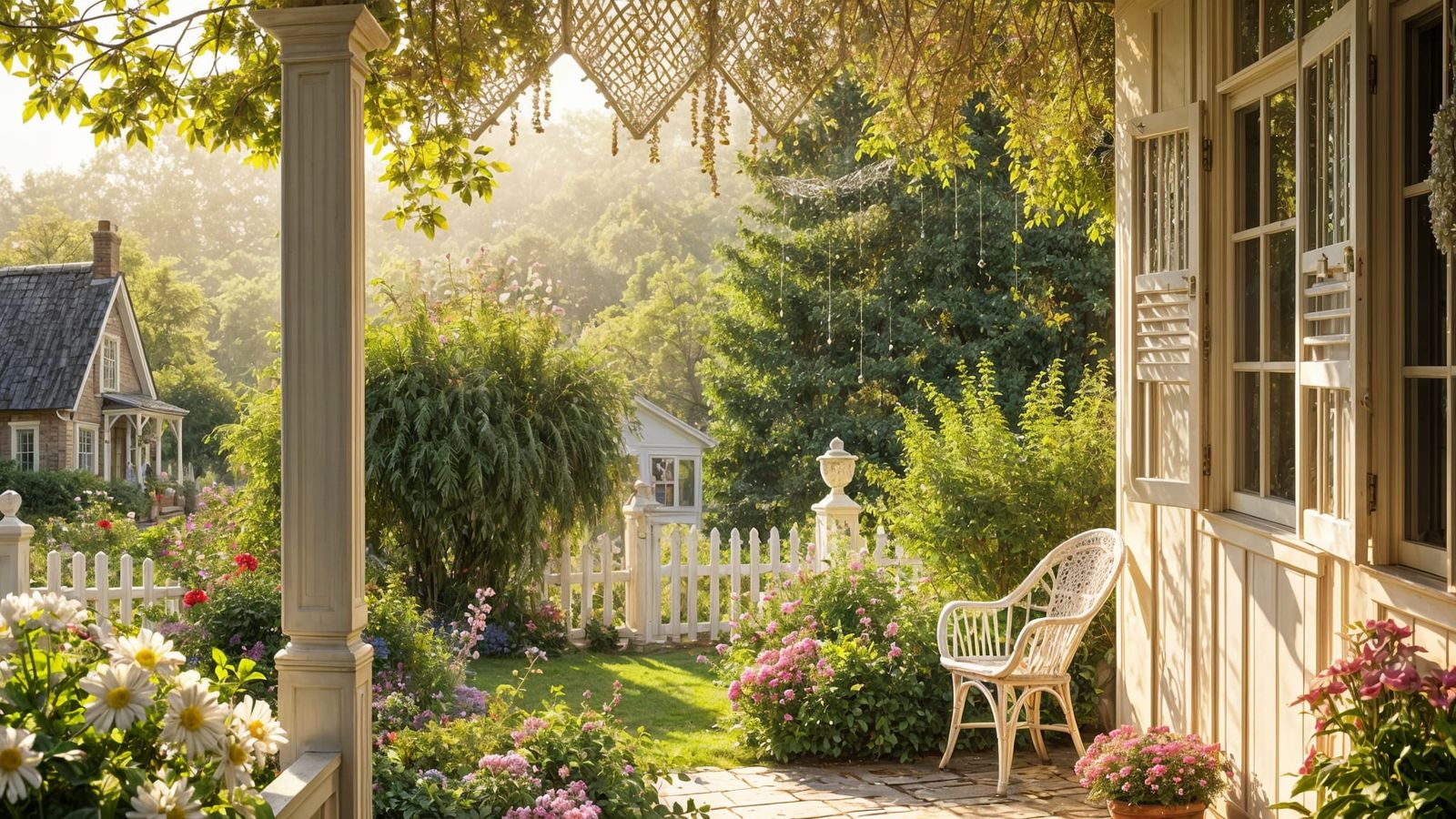 White dutch crochet shady porch cottage falling droplets sunny long shutter soft light Garden of Eden summer rain vista ...