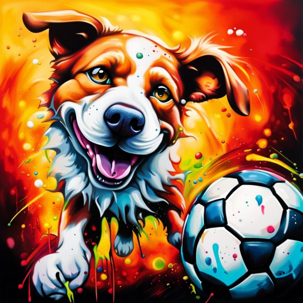 Dog Pushing Soccer Ball in Graffiti Street Art
