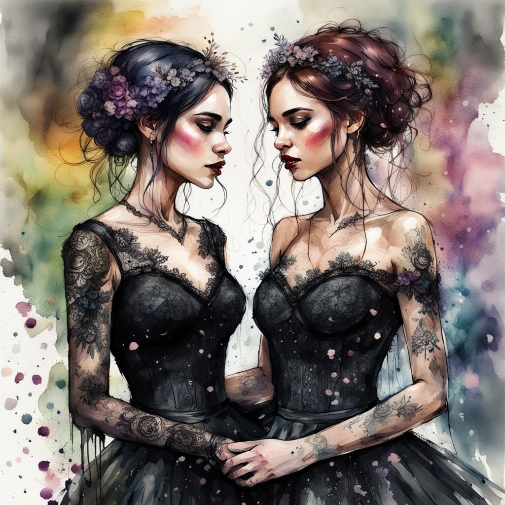 Gothic Lesbian Wedding: Fairytale Digital Watercolor Art