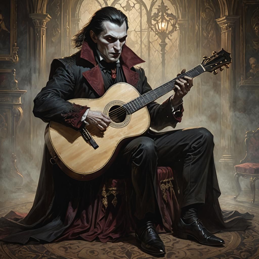 Dracula's Acoustic Serenade: A Gothic Oil Painting