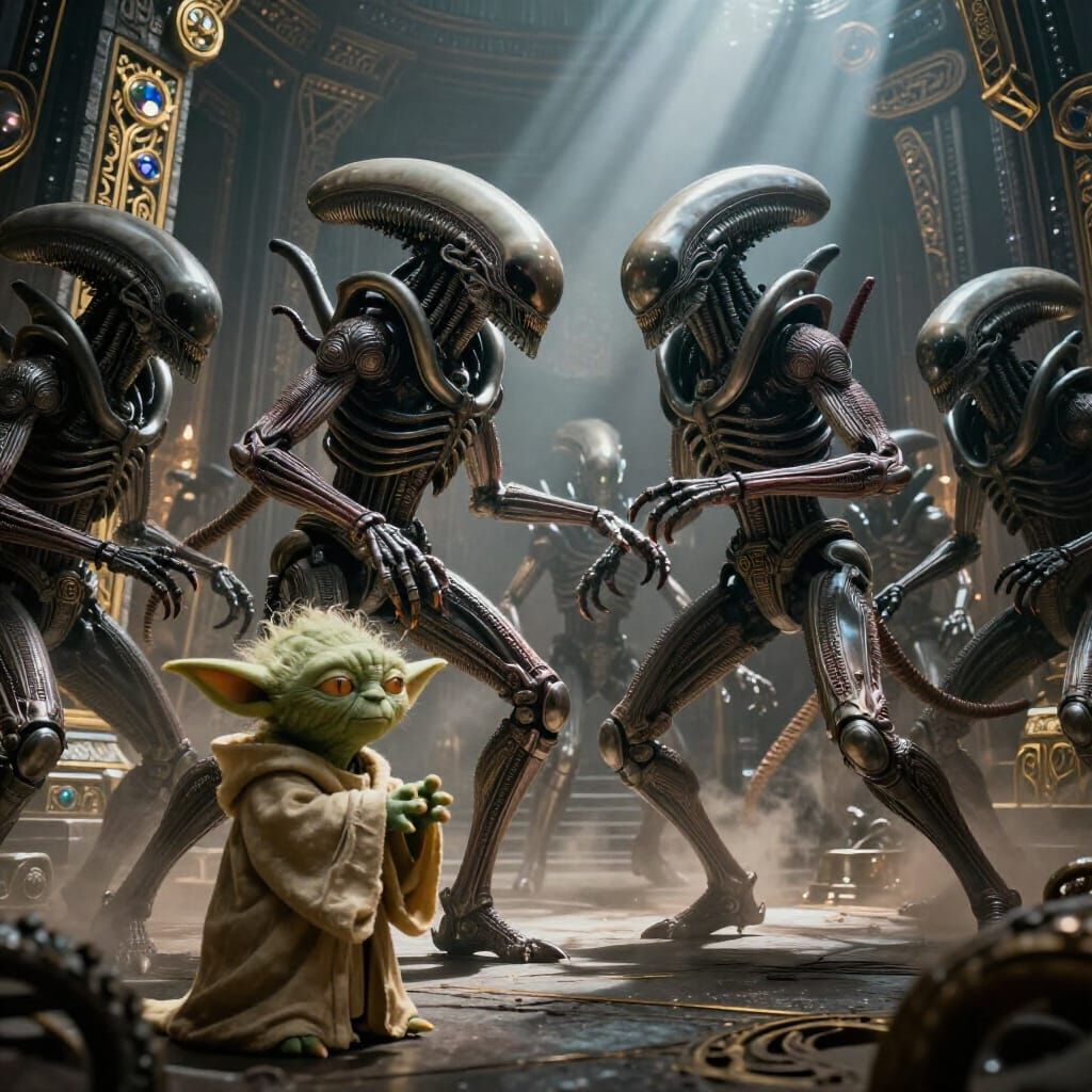 Xenomorph Terminator Hybrid Battles Elders in Stone Chamber