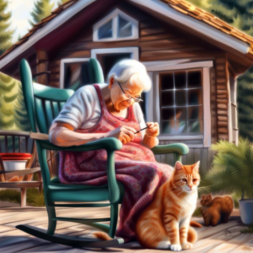 Hyperrealistic Cottage Scene with Knitting Granny