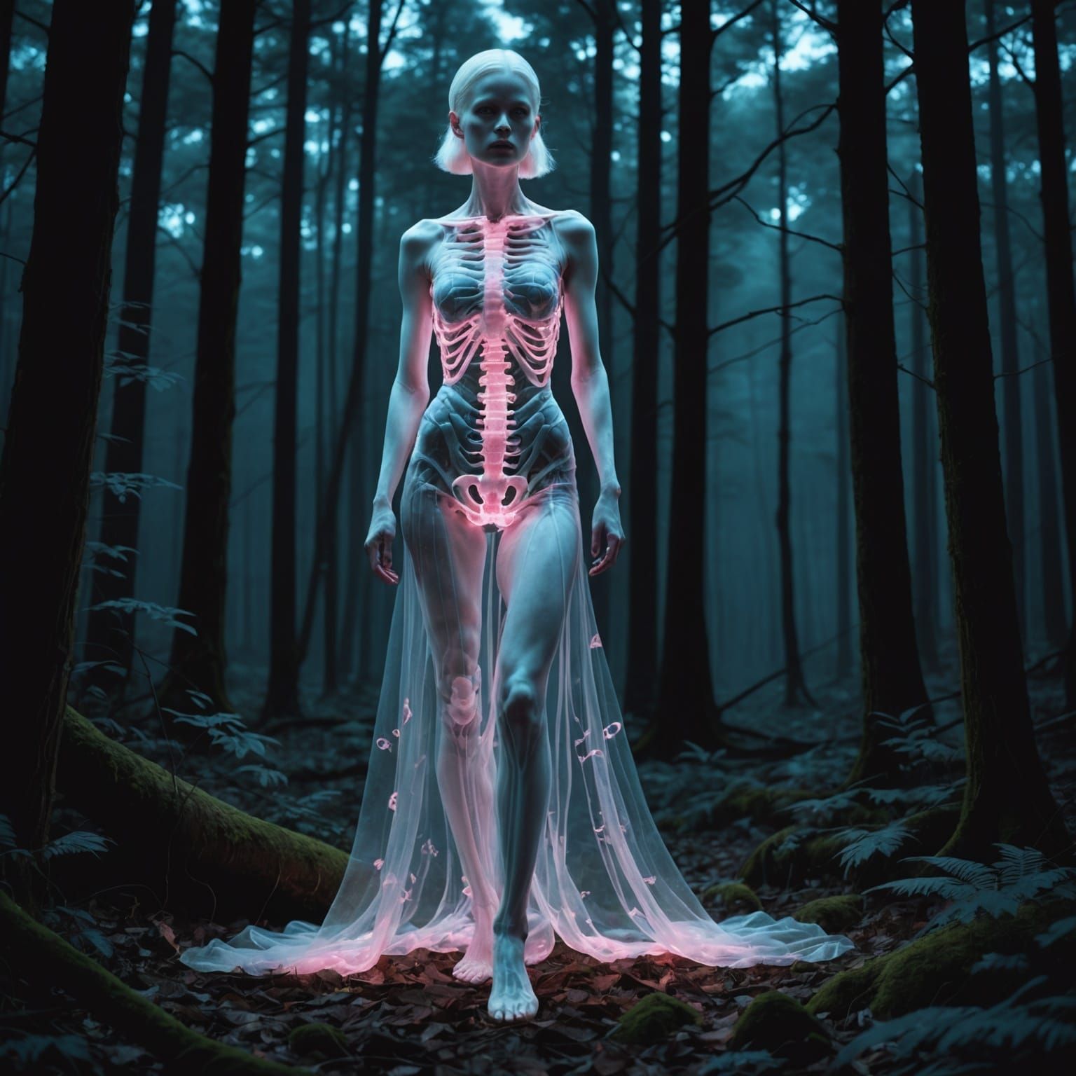 Albino Woman with Neon Skeleton in Dark Woods