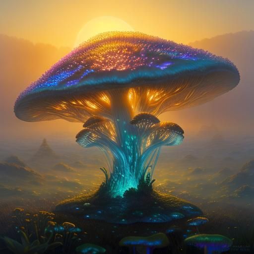 Luminous Mushroom in Sunset Mist, Soft Brushstrokes