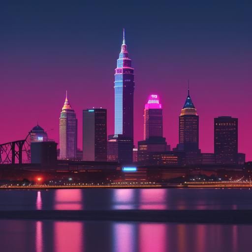 Cleveland Skyline in Synthwave Neon Style